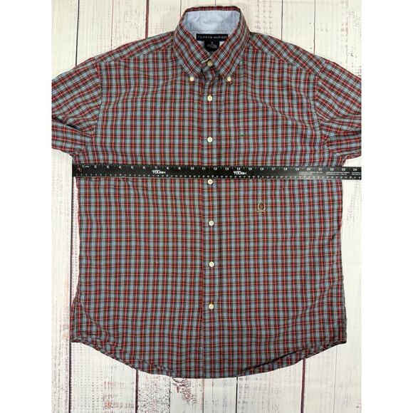 Tommy Hilfiger Button Up Shirt Men Size M Red Plaid Short Sleeve Embroidered - Picture 4 of 5